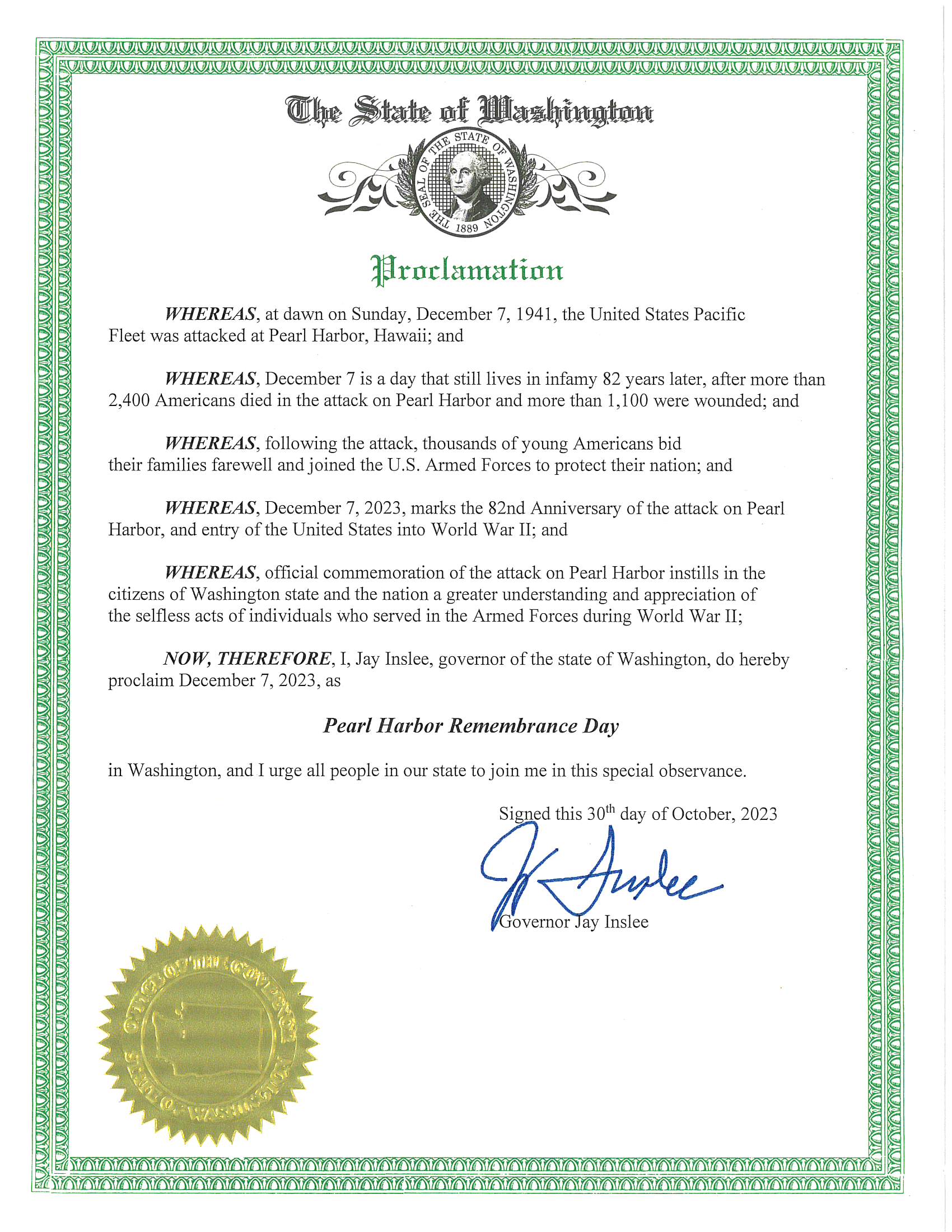 PROCLAMATION Pearl Harbor Remembrance Day WDVA